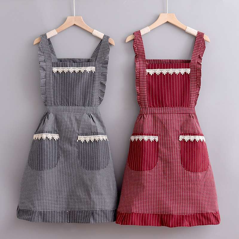 保育士 エプロン レトロ チェック柄 レース付き 保育士 エプロンドレス ポケット付き ブラウン グリーン グレー レッド