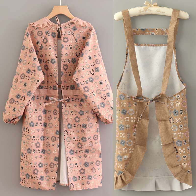 フリル保育士 エプロン ワンピース セット 花柄 グリーン ブラウン フリル アップリケ