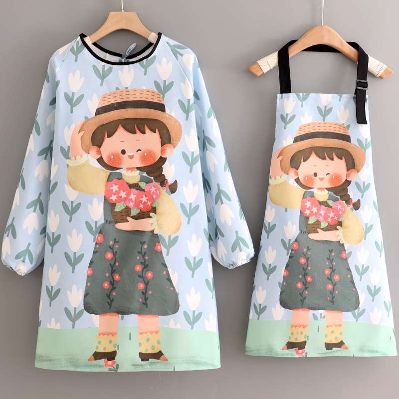 保育士 エプロン 花摘み 少女 ファンシー 保育士 エプロンドレス セット 袖付き ポケット付き ブルー