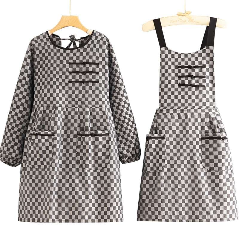 保育士 エプロンワンピース チェック柄 長袖シャツ セット グレー レッド