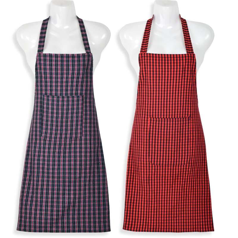 チェック柄保育士 エプロン袖付きワンピース