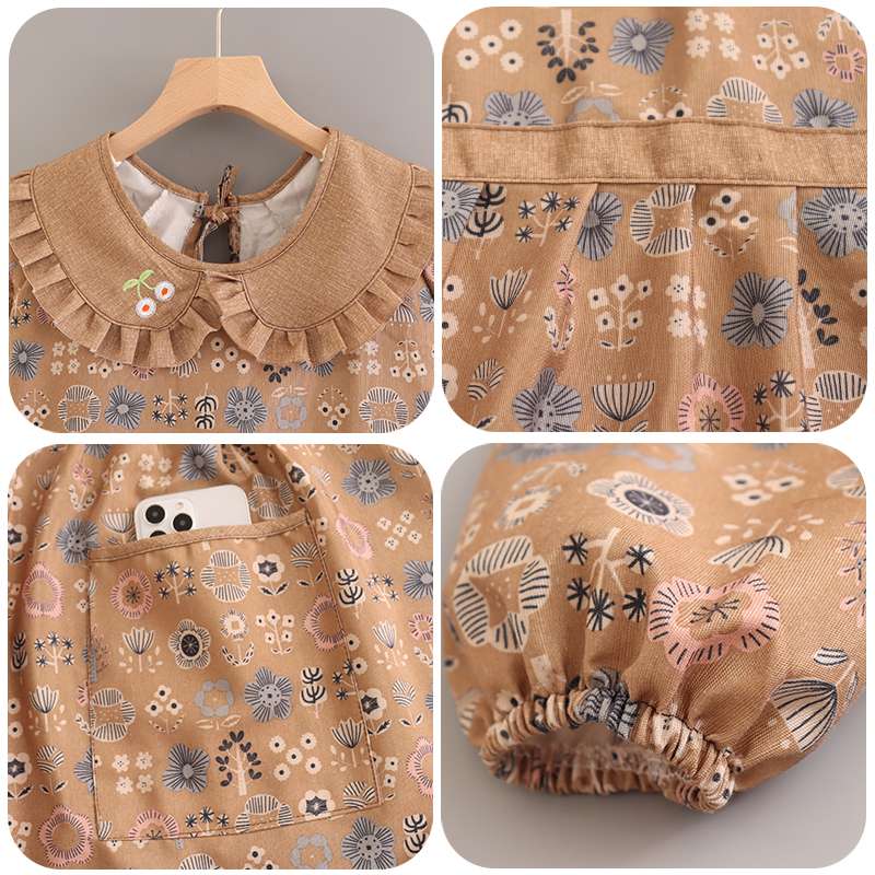 フリル保育士 エプロン ワンピース セット 花柄 グリーン ブラウン フリル アップリケ