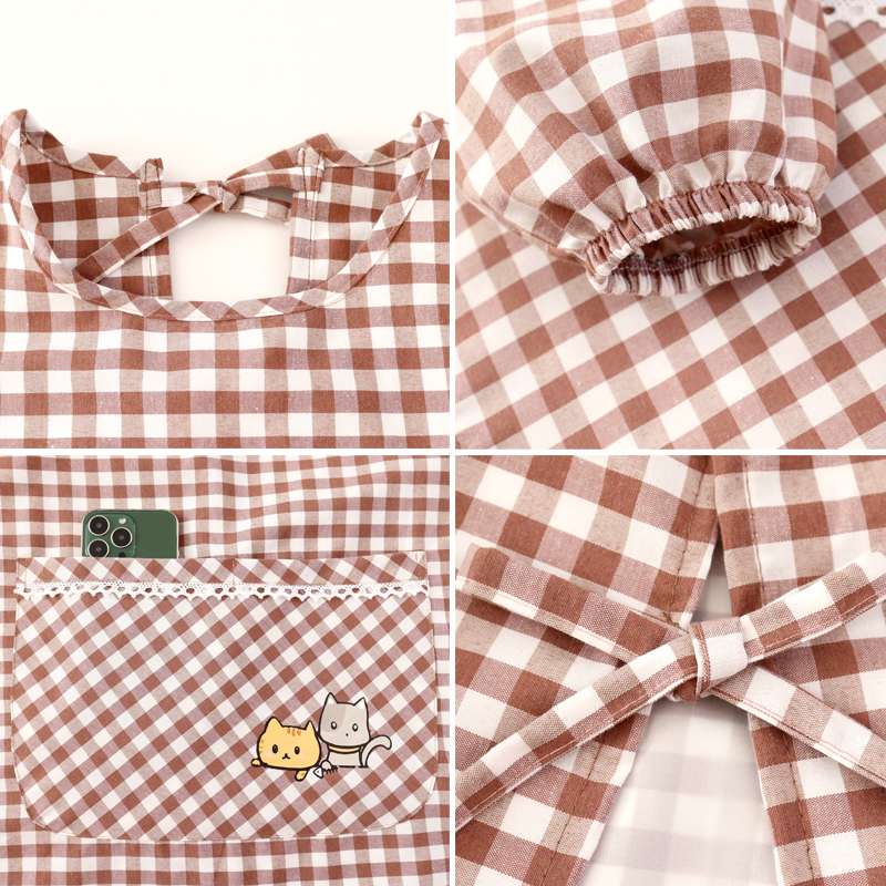 保育士 エプロン チェック柄 猫刺繍 保育士 エプロンワンピース ブラック ブラウン グレー