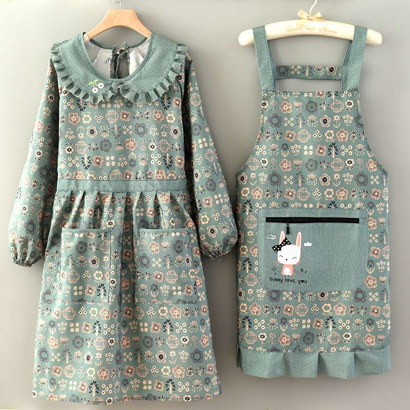 フリル保育士 エプロン ワンピース セット 花柄 グリーン ブラウン フリル アップリケ