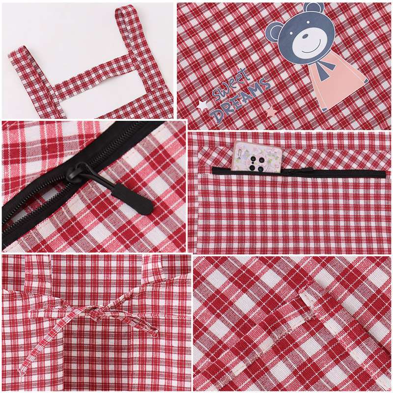 保育士 エプロンワンピース チェック柄 クマ グレー レッド