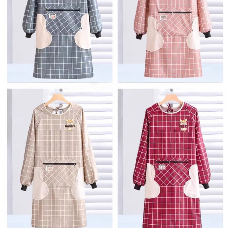保育士 エプロン ワンピース セット コーギー柄 チェック ブルー ピンク グレー