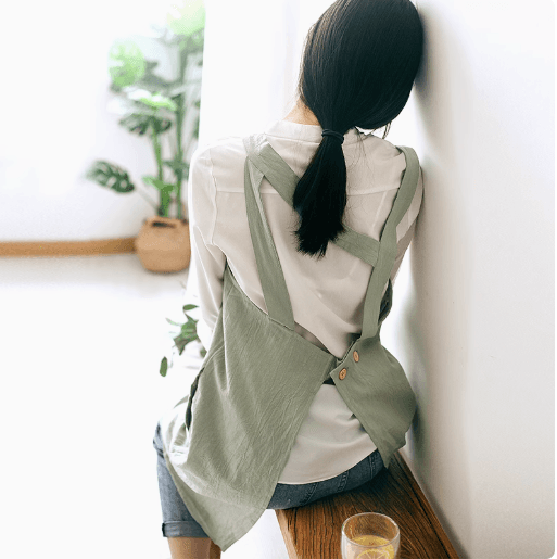 シンプルリネン保育士 エプロンワンピース グリーン ネイビーブルー