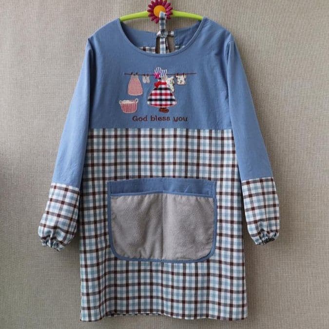 保育士エプロン長袖洗濯物刺繍格子柄