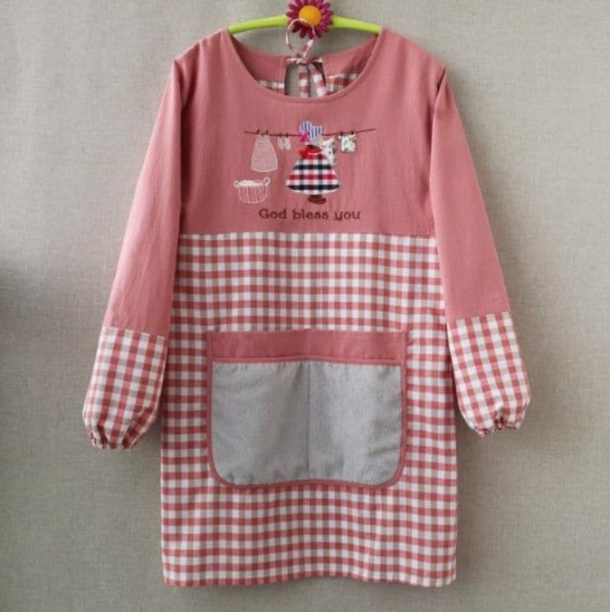 保育士エプロン長袖洗濯物刺繍格子柄
