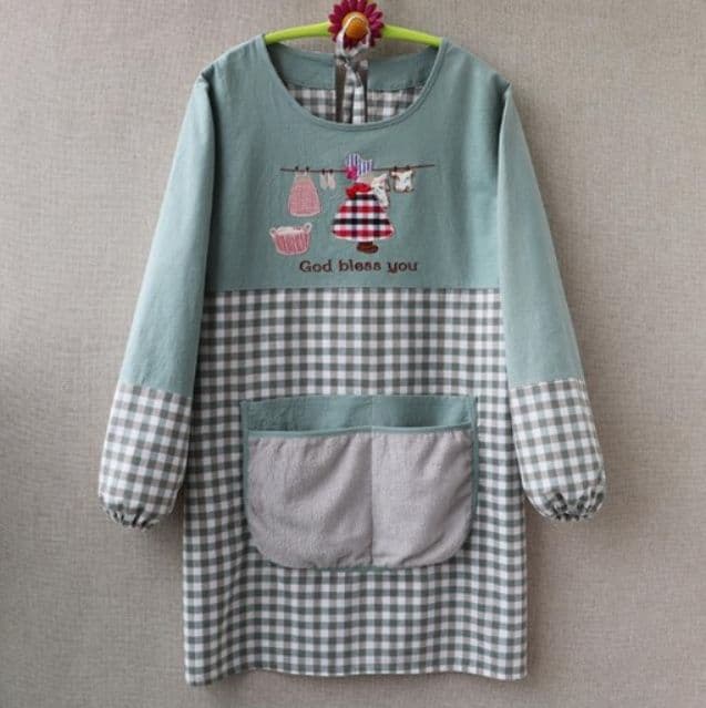 保育士エプロン長袖洗濯物刺繍格子柄