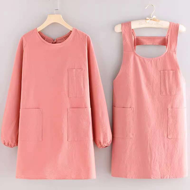 保育士 エプロン マルチポケット付き 無地 保育士 エプロンワンピース セット グリーン ピンク ブルー