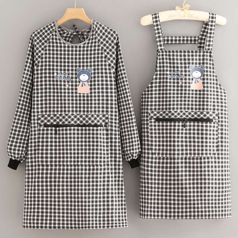 保育士 エプロンワンピース チェック柄 クマ グレー レッド