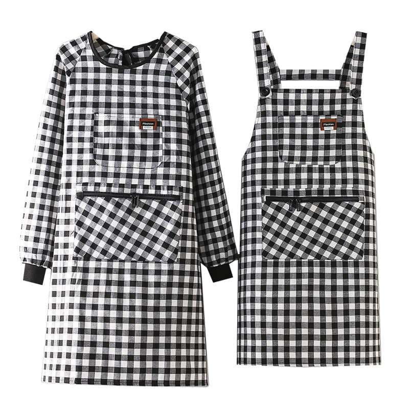 保育士 エプロン チェック柄 保育士 エプロンワンピース 2点セット袖付き ポケット付き ブラック レッド