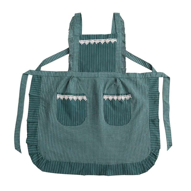 保育士 エプロン レトロ チェック柄 レース付き 保育士 エプロンドレス ポケット付き ブラウン グリーン グレー レッド