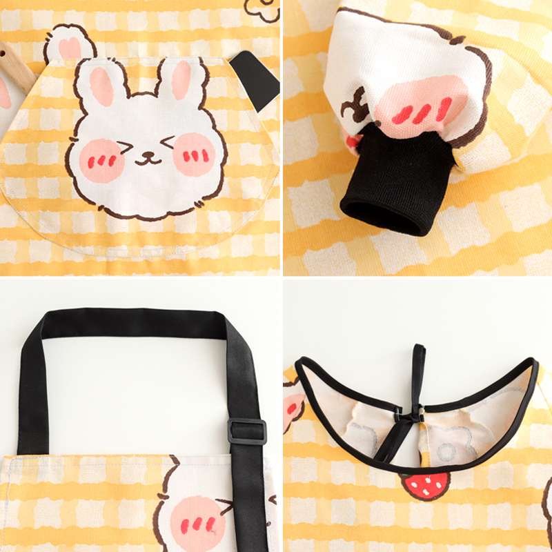 保育士 エプロン かわいい動物 うさぎ ねこ 動物柄 プリント 保育士 エプロンワンピースセット 袖付き イエロー オレンジ