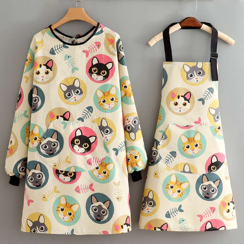 保育士 エプロン かわいい動物 うさぎ ねこ 動物柄 プリント 保育士 エプロンワンピースセット 袖付き イエロー オレンジ