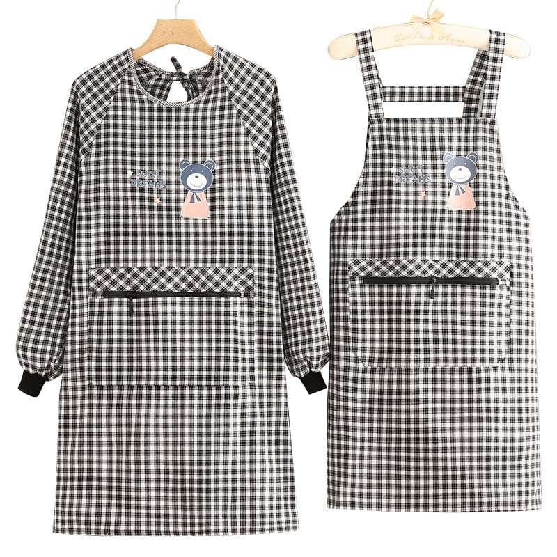 保育士 エプロンワンピース チェック柄 クマ グレー レッド