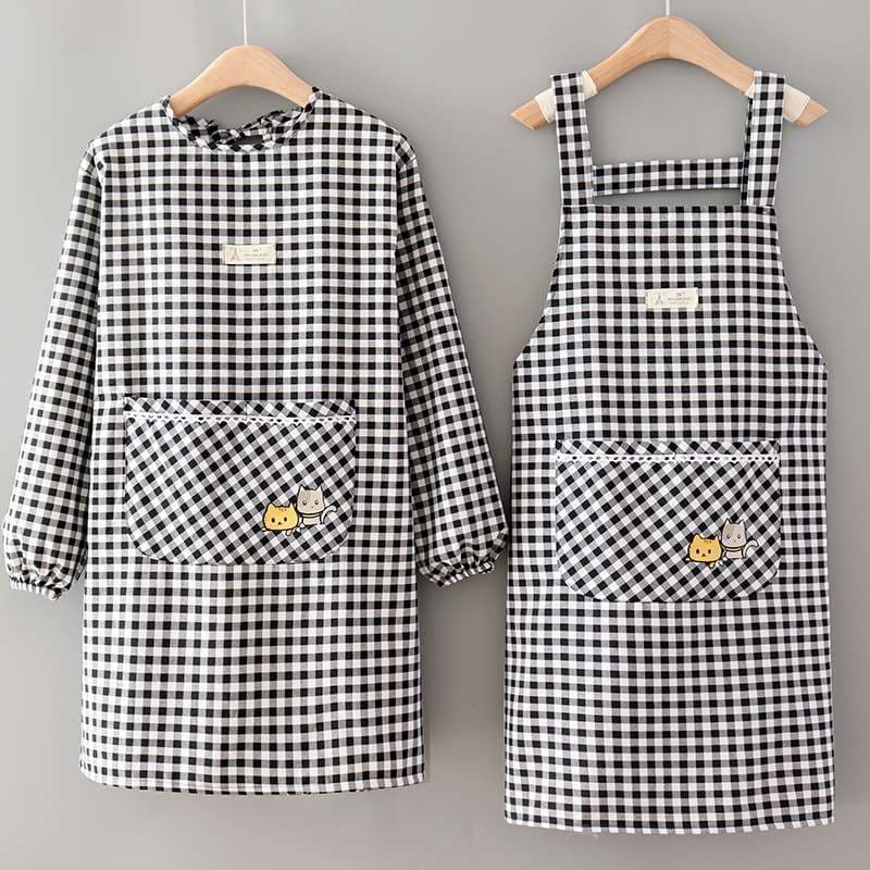 保育士 エプロン チェック柄 猫刺繍 保育士 エプロンワンピース ブラック ブラウン グレー