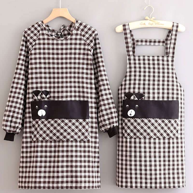保育士 エプロン チェック柄 クマ ポケット 保育士 エプロンワンピース ブラック レッド
