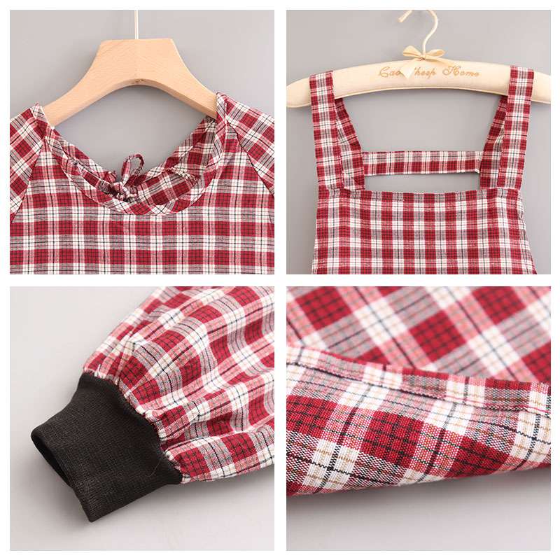 保育士 エプロン チェック柄 クマ ポケット 保育士 エプロンワンピース ブラック レッド