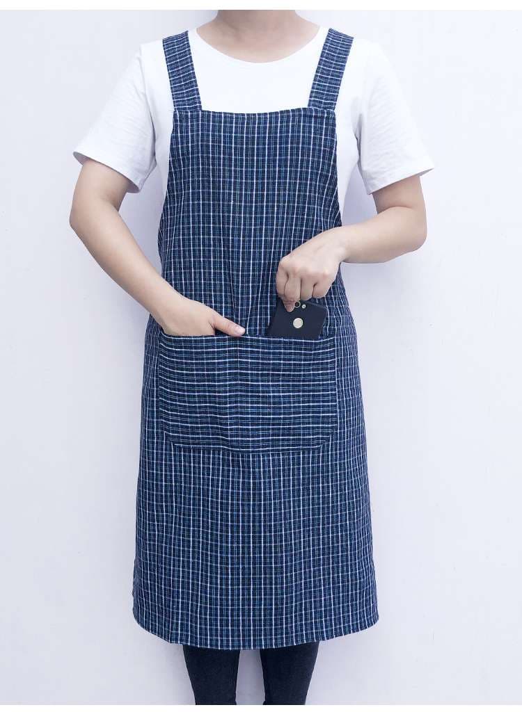 格子柄デザイン保育士 エプロン 多機能ポケット付き