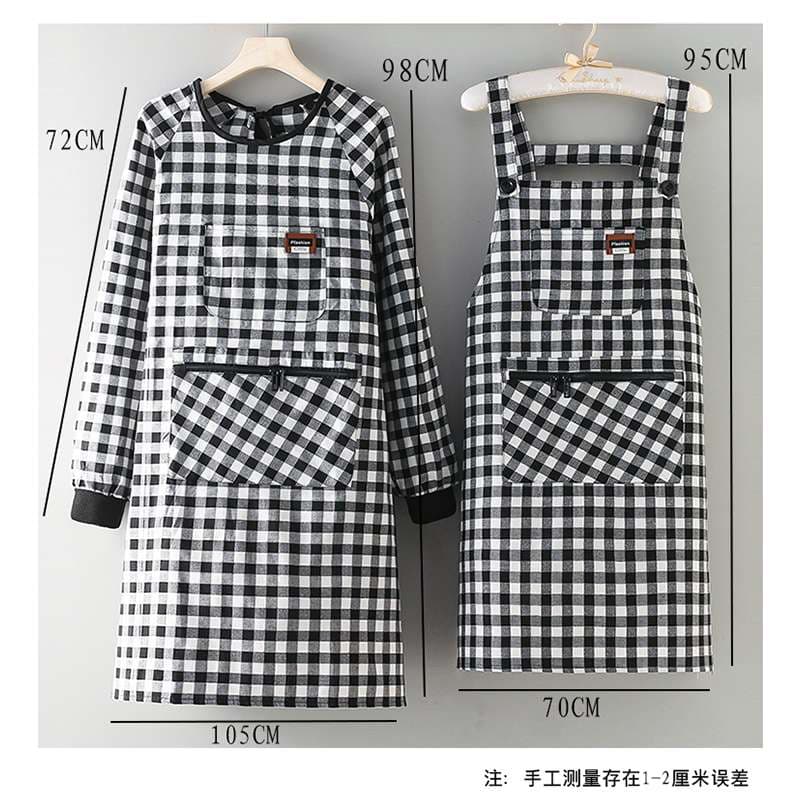 保育士 エプロン チェック柄 保育士 エプロンワンピース 2点セット袖付き ポケット付き ブラック レッド