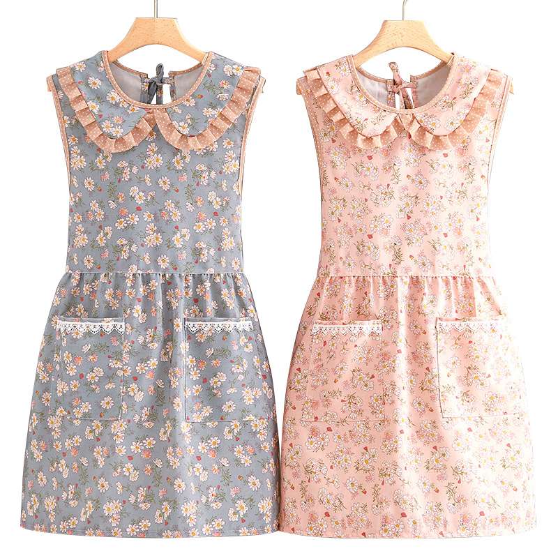 保育士 エプロンワンピース フローラルプリントフリル付き ピンク グレー