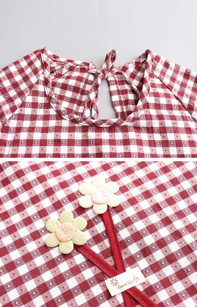 保育士 エプロン ワンピース ギンガムチェック 花刺繍 花柄 ドレス ブラック レッド