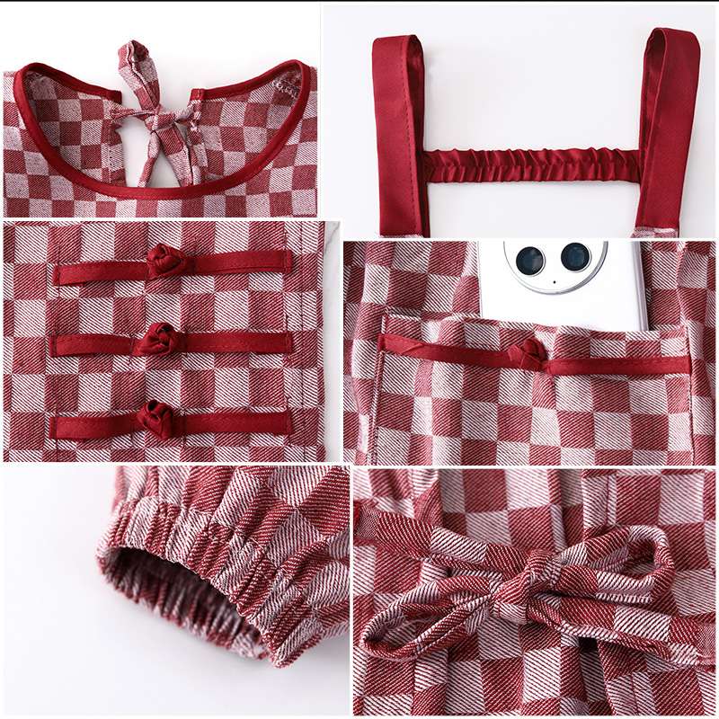 保育士 エプロンワンピース チェック柄 長袖シャツ セット グレー レッド