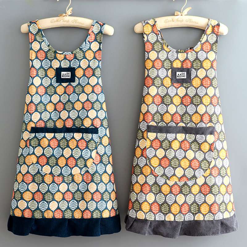 フリル保育士 エプロン 落ち葉 コーデュロイ ブルー グレー レッド