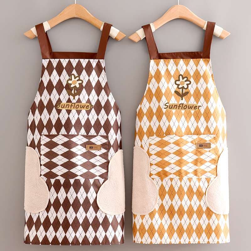 保育士 エプロン サンフラワー チェック ワンピース ブラウン ピンク イエロー