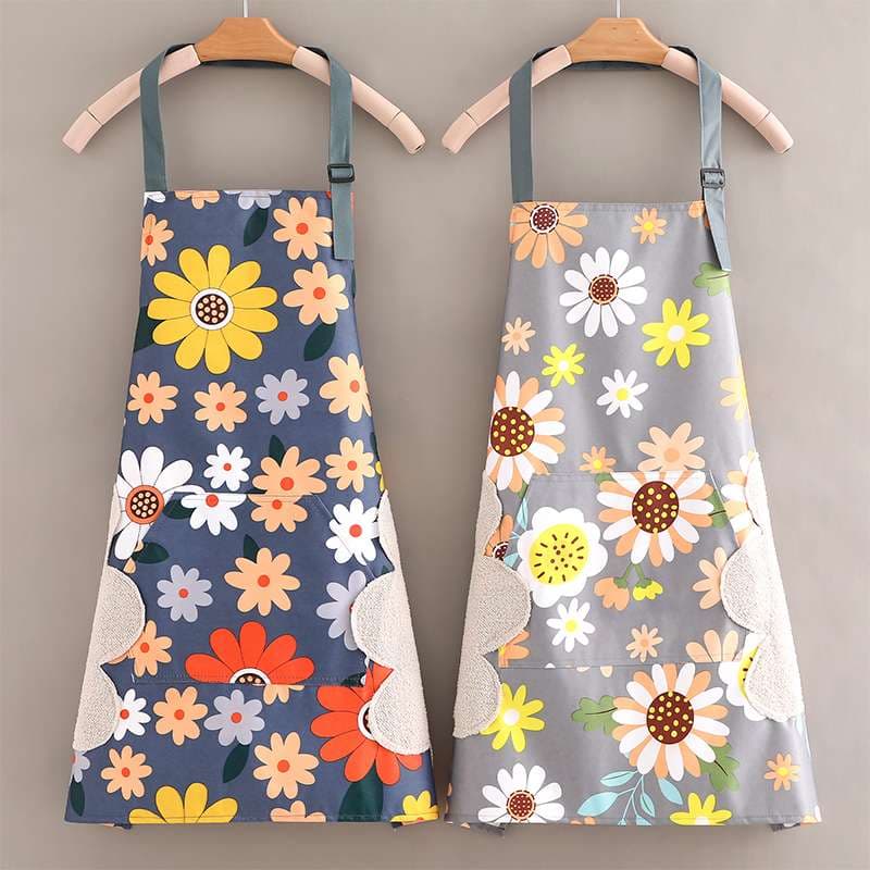 保育士 エプロン 花柄 吸水タオル付き２点セット グレー ブルー