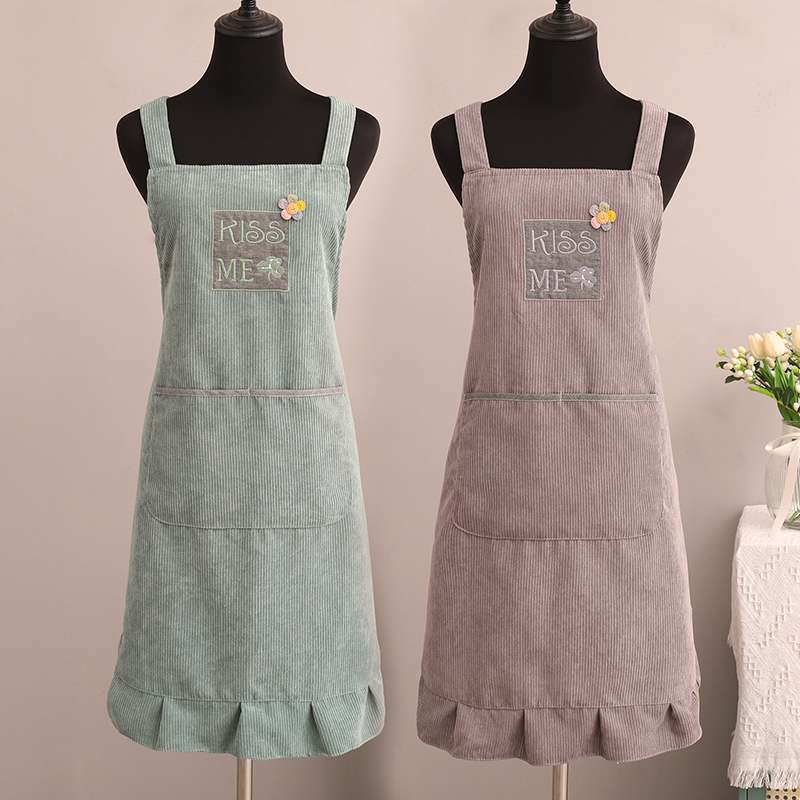 フリル保育士 エプロン コーデュロイ グレー グリーン