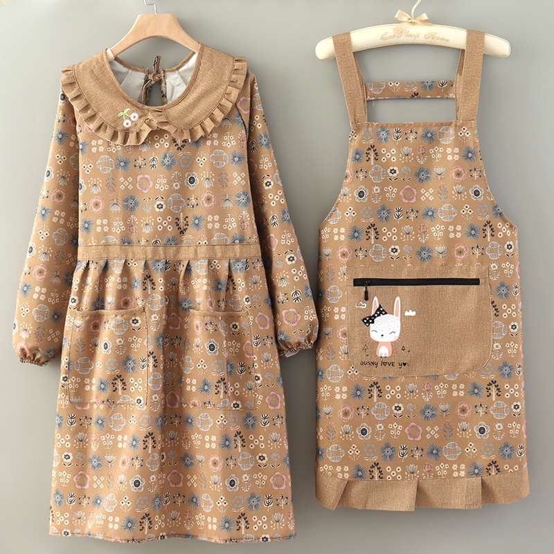 フリル保育士 エプロン ワンピース セット 花柄 グリーン ブラウン フリル アップリケ