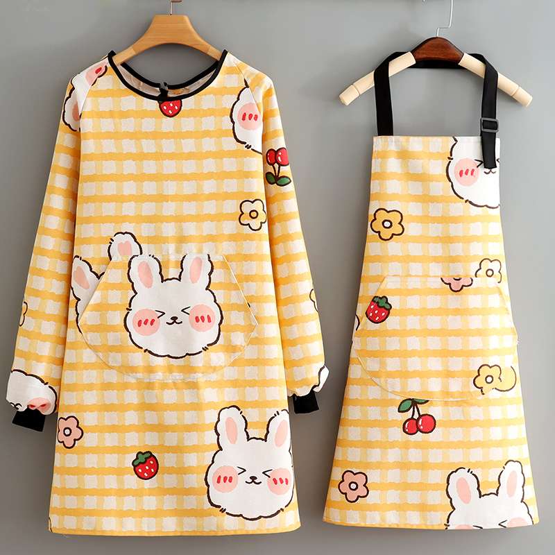 保育士 エプロン かわいい動物 うさぎ ねこ 動物柄 プリント 保育士 エプロンワンピースセット 袖付き イエロー オレンジ
