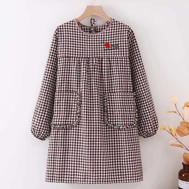 チェック柄フリルポケット付き保育士 エプロンワンピース ブラック レッド ブラウン