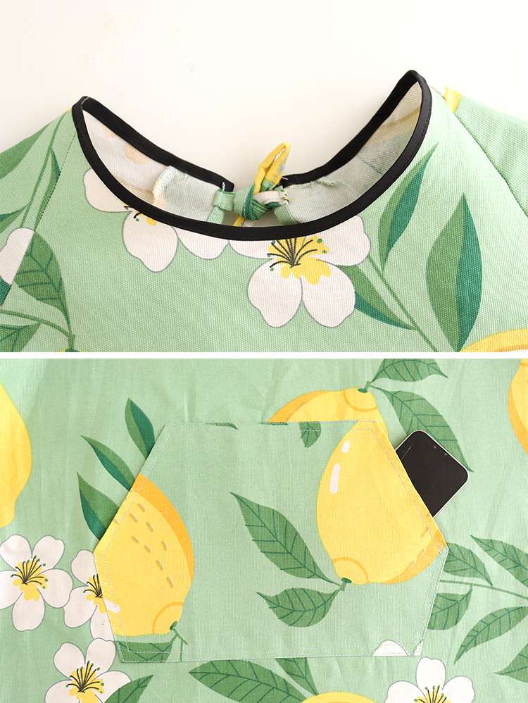 保育士 エプロン レモン柄 フルーツ フルーツガーデン 保育士 エプロンワンピース セット グリーン