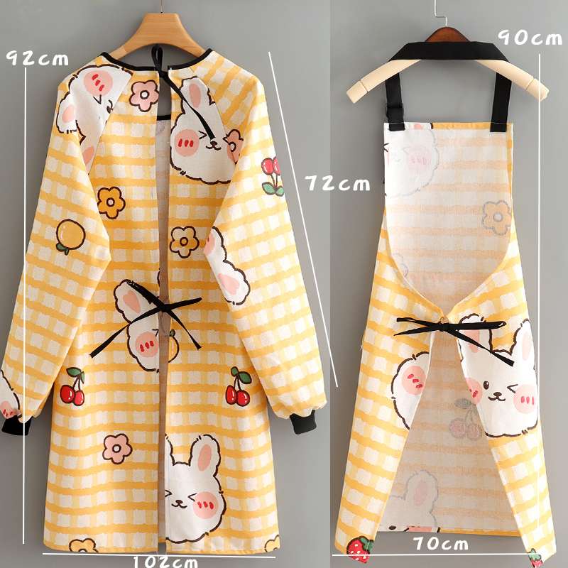 保育士 エプロン かわいい動物 うさぎ ねこ 動物柄 プリント 保育士 エプロンワンピースセット 袖付き イエロー オレンジ