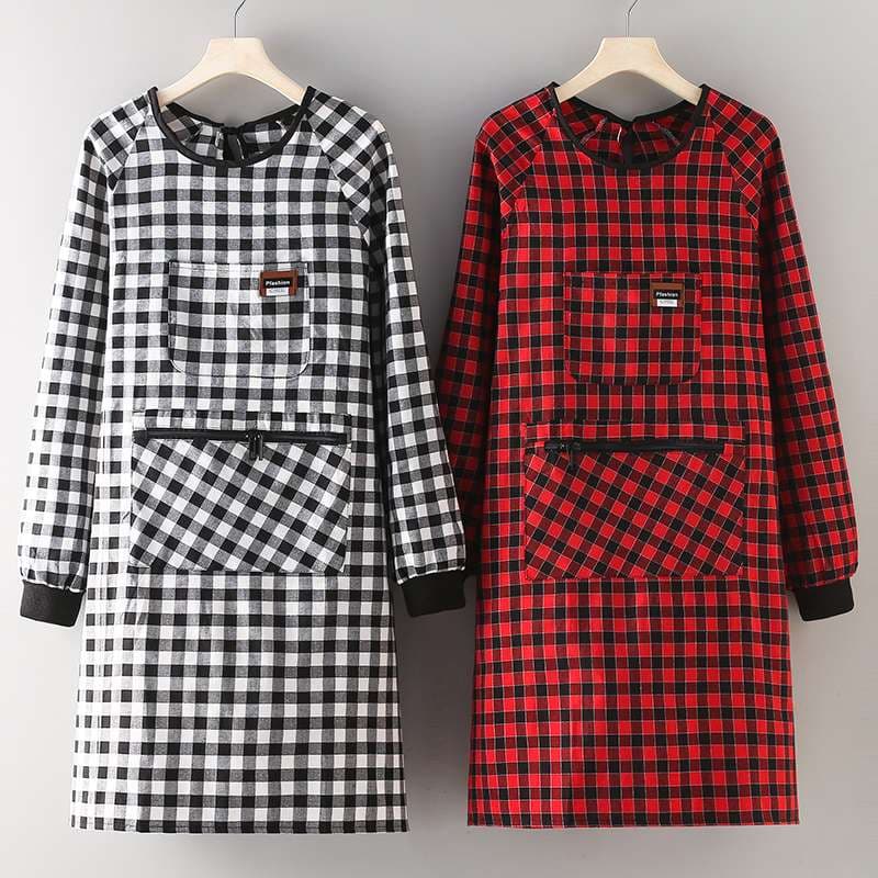 保育士 エプロン チェック柄 保育士 エプロンワンピース 2点セット袖付き ポケット付き ブラック レッド