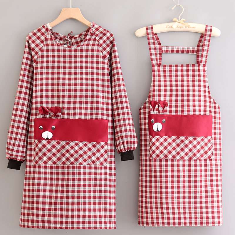 保育士 エプロン チェック柄 クマ ポケット 保育士 エプロンワンピース ブラック レッド
