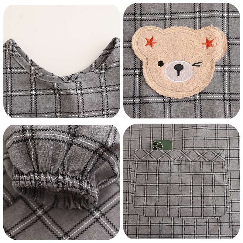 保育士 エプロン チェック柄 クマさん 保育士 エプロンワンピース 袖付き ポケット付き ブラック レッド ブラウン