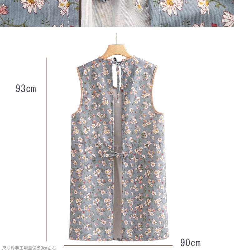 保育士 エプロンワンピース フローラルプリントフリル付き ピンク グレー