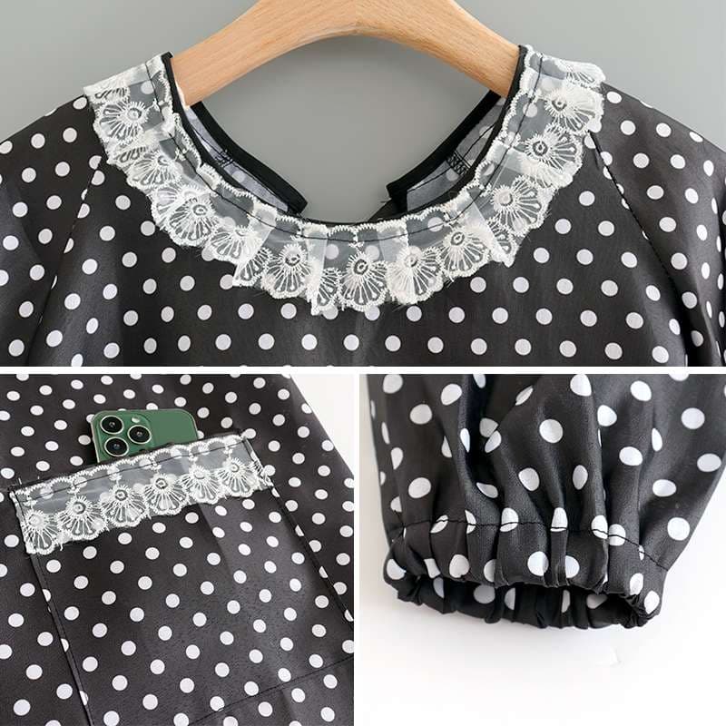 保育士 エプロン レトロ 可愛い 水玉 ドット レース襟 保育士 エプロンワンピース ブラック パープル