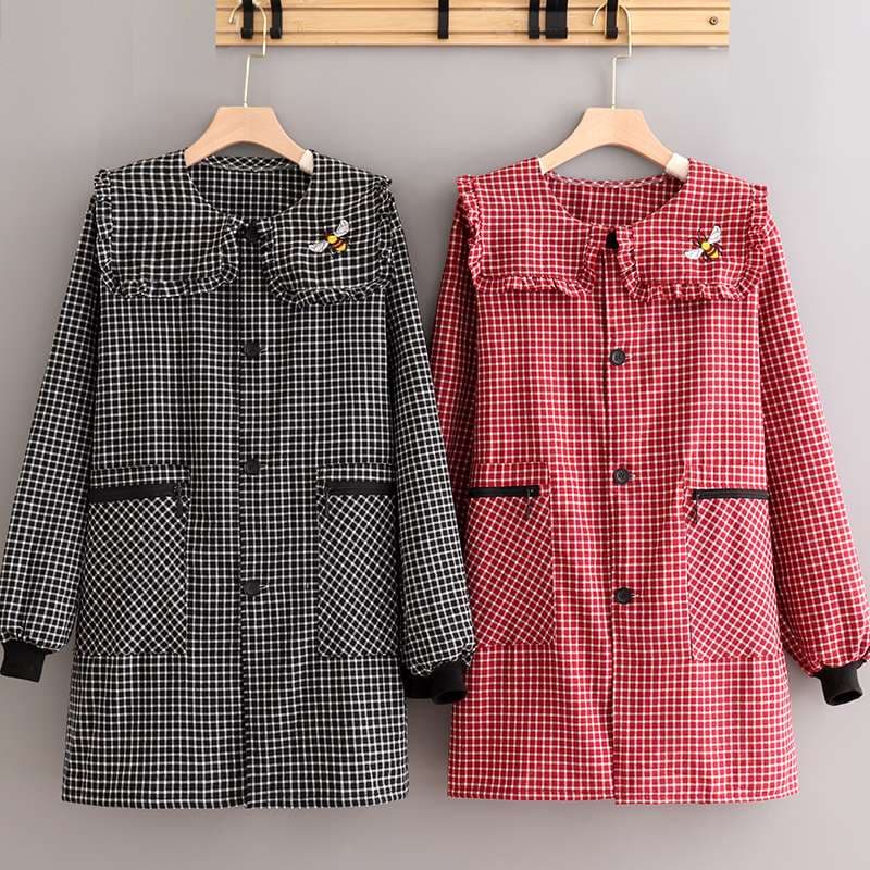 保育士 エプロン チェック柄 フリル ポケット付き 袖付き 蜂刺繍 保育士 エプロンドレス ブラック レッド