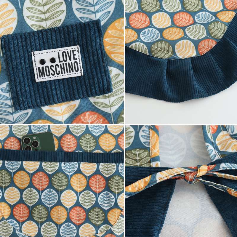 フリル保育士 エプロン 落ち葉 コーデュロイ ブルー グレー レッド