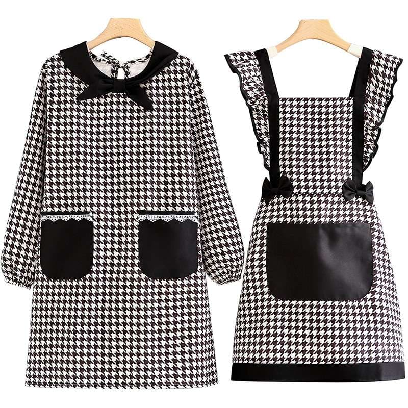 保育士 エプロン セット モノトーンハウンドトゥース柄フリル保育士 エプロン ブラック オレンジ