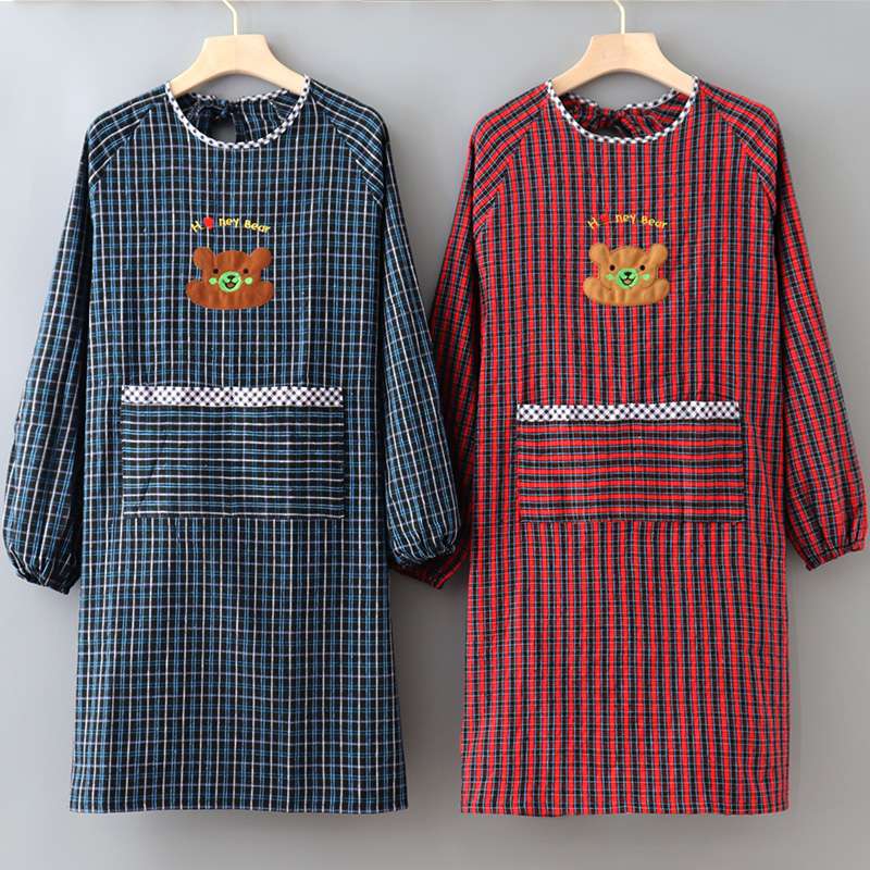 保育士 エプロン チェック柄 クマ 刺繍 保育士 エプロンワンピース ブラック レッド グリーン
