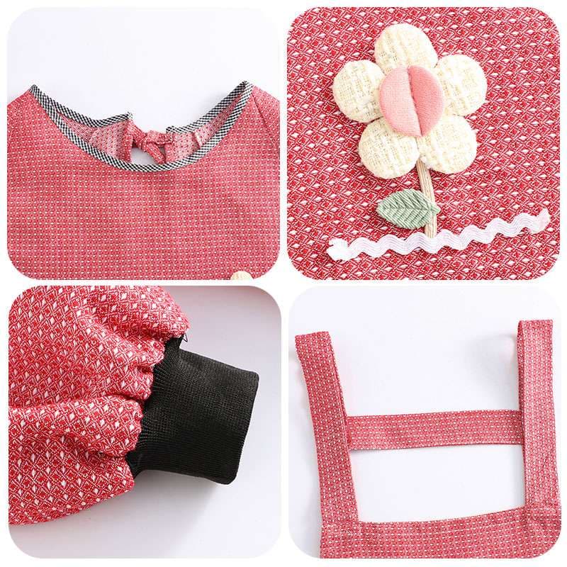 保育士 エプロン 花 モチーフ付き ワッフル 生地 保育士 エプロンワンピース ポケット付き 袖付き レッド ブルー ブラウン