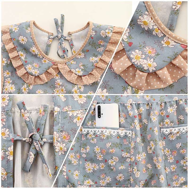 保育士 エプロンワンピース フローラルプリントフリル付き ピンク グレー