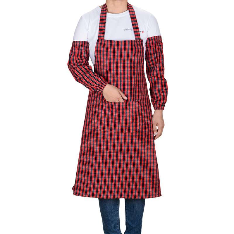 チェック柄保育士 エプロン袖付きワンピース